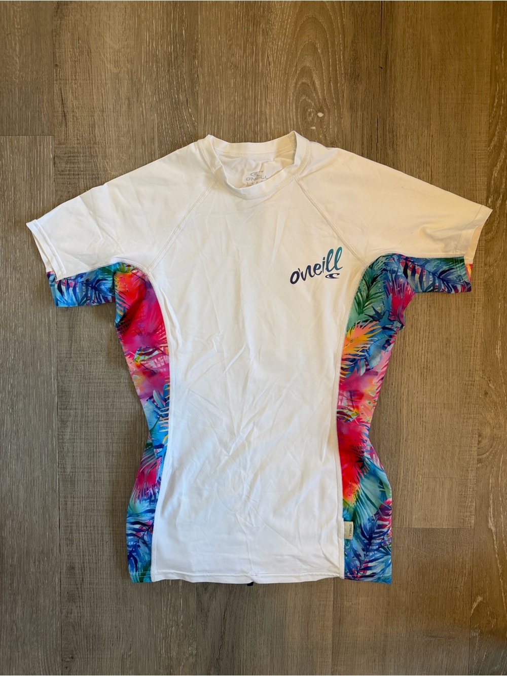 O'Neill White Rash Guard with Multicolor Tropical Side Panels Size L